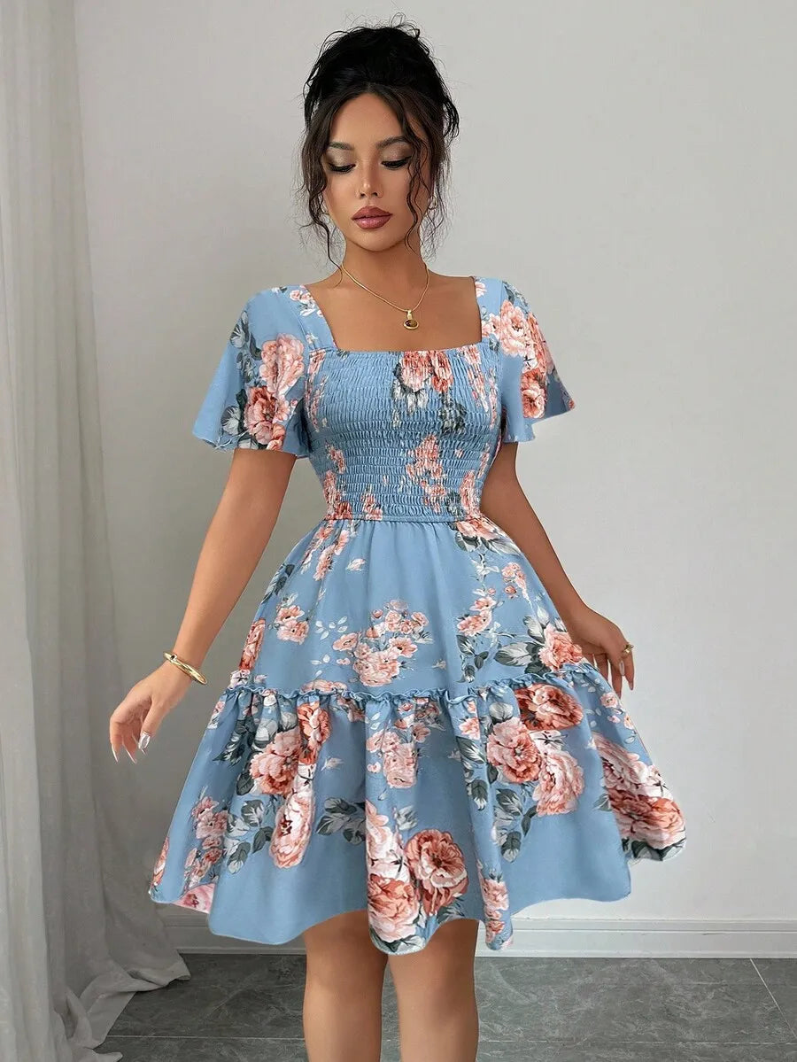 Floral Batwing-Sleeve Mini Dress