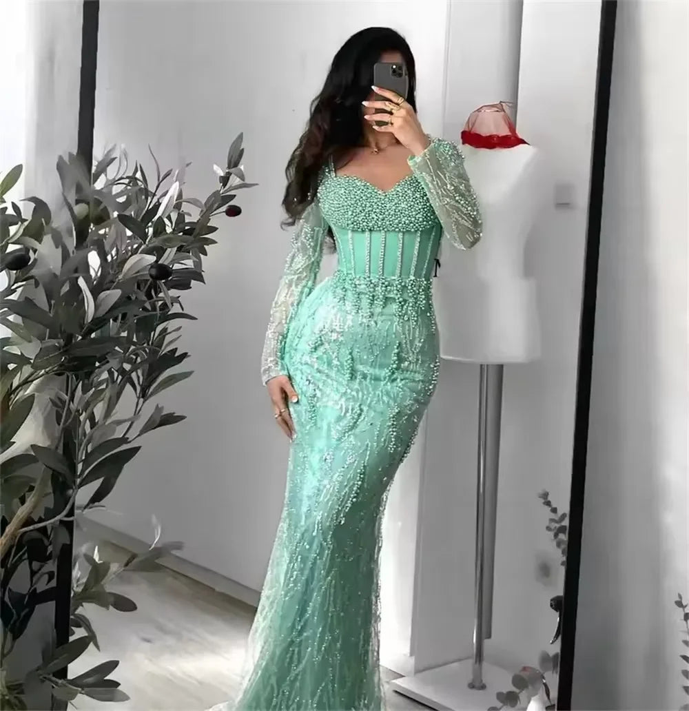 Long Sleeve Corset Heavy Beaded Dress