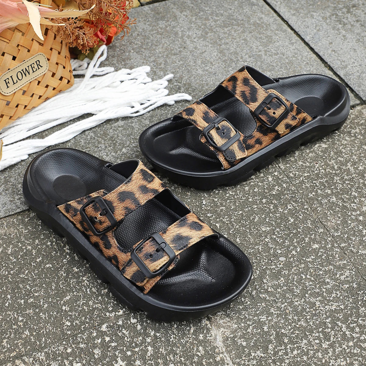 Leopard Buckle Summer Slides