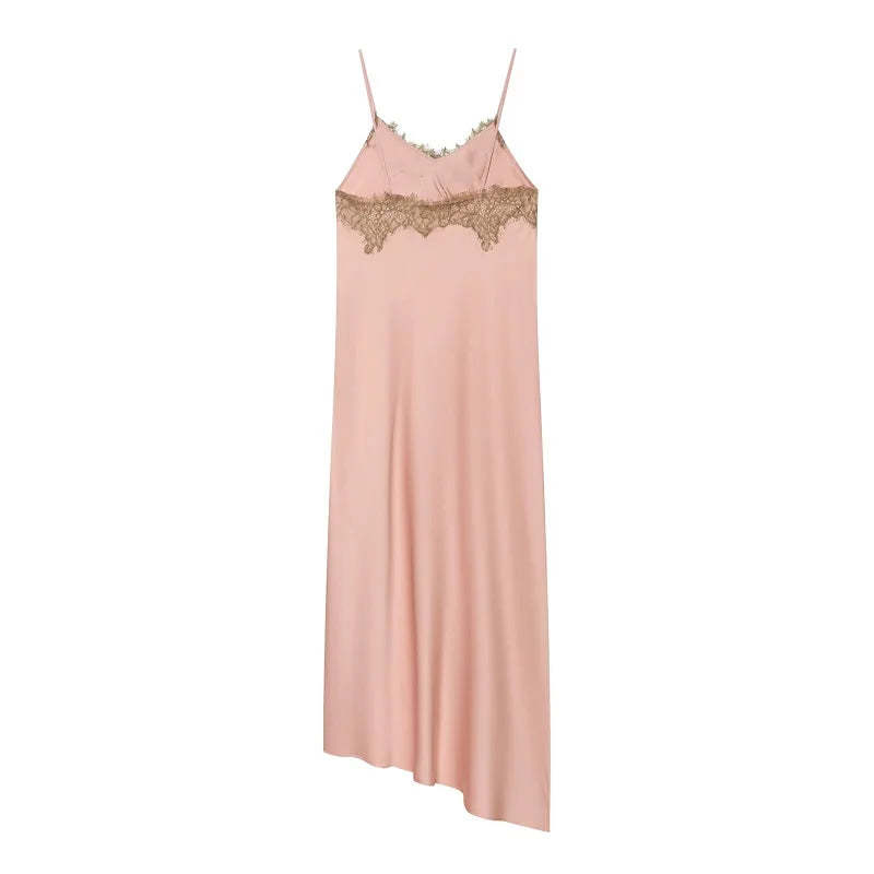 Satin Lace Asymmetric Midi Dress