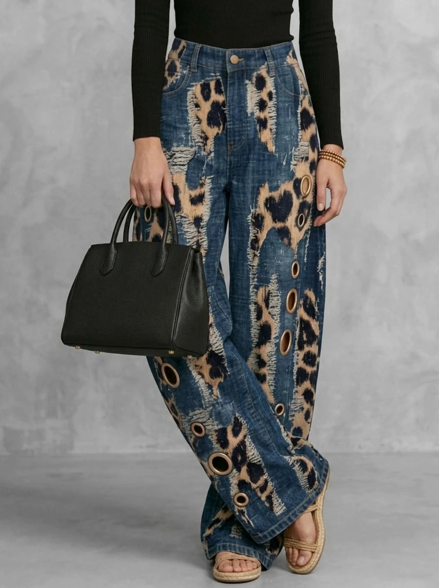 Leopard Distressed Wide-Leg Jeans