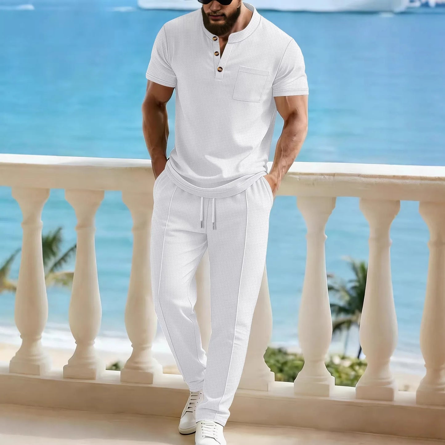 Waffle Henley Stand-Collar Pants Set