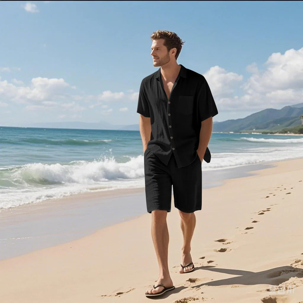 Linen Lapel Beach Shirt Shorts Set