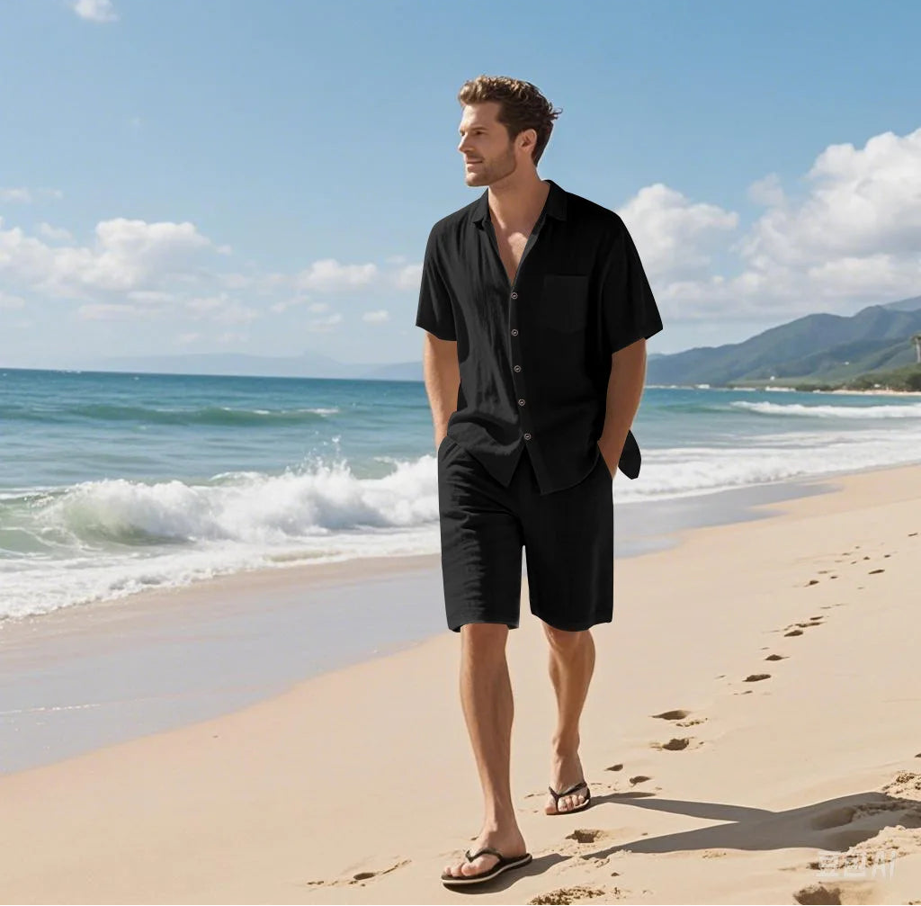 Linen Lapel Beach Shirt Shorts Set