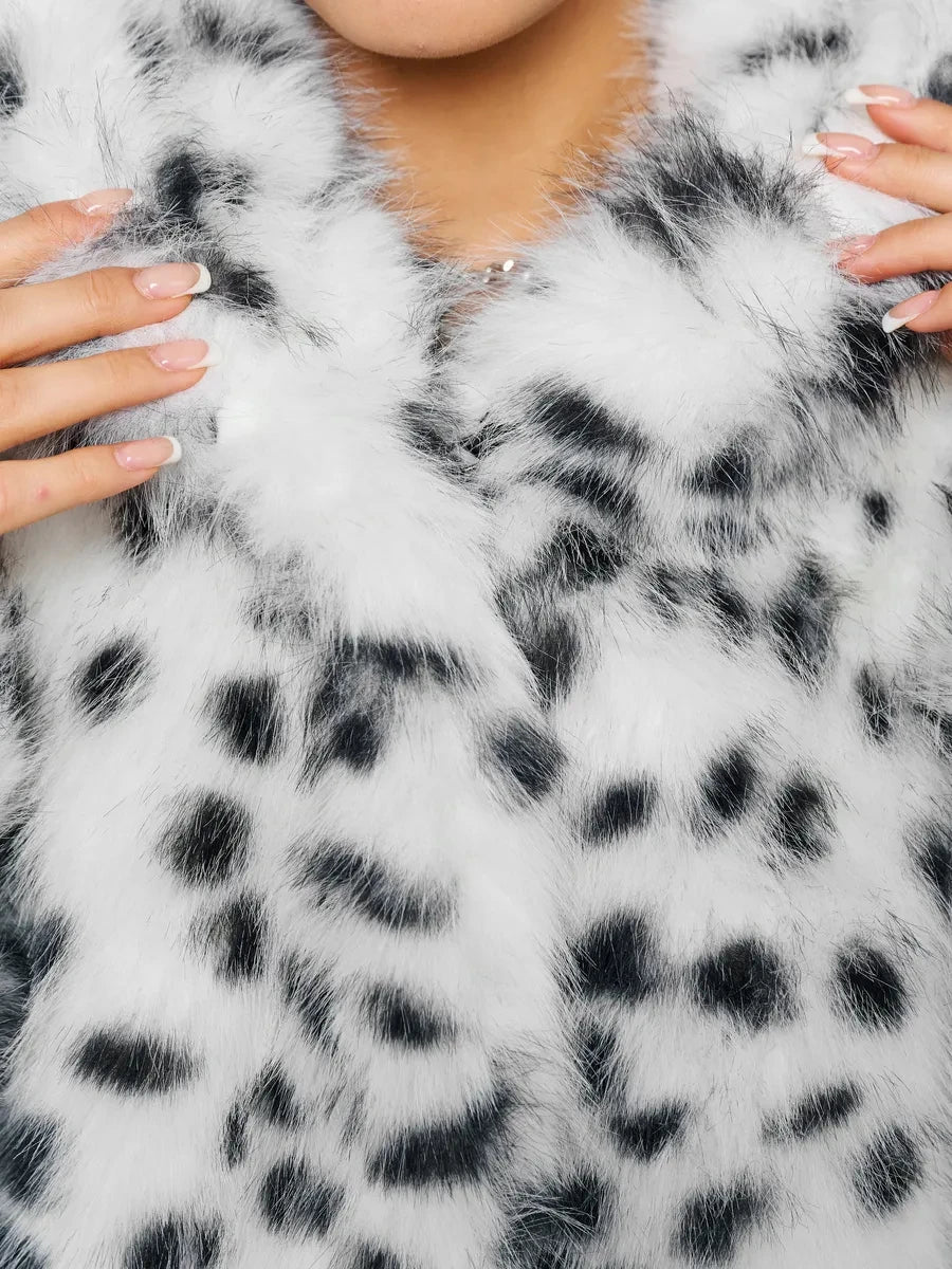 Hooded Snow Leopard Faux Fur Coat