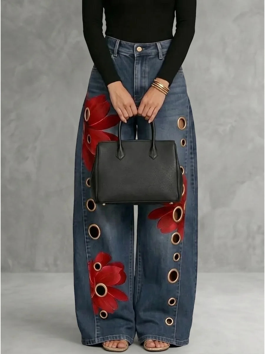 Hollow-Out Flower Wide-Leg Jeans