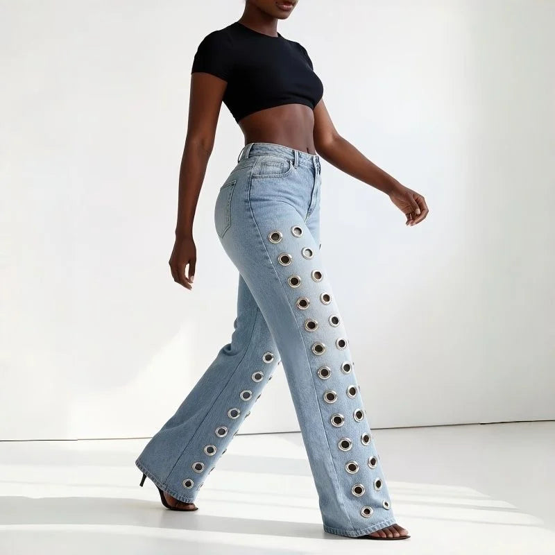 Cutout Metal Ring Bootcut Jeans