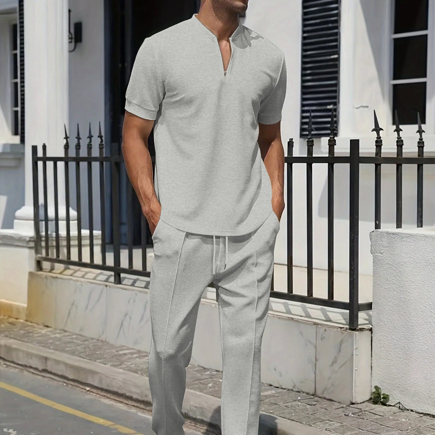 Waffle Polo Stand-Collar Trousers Set