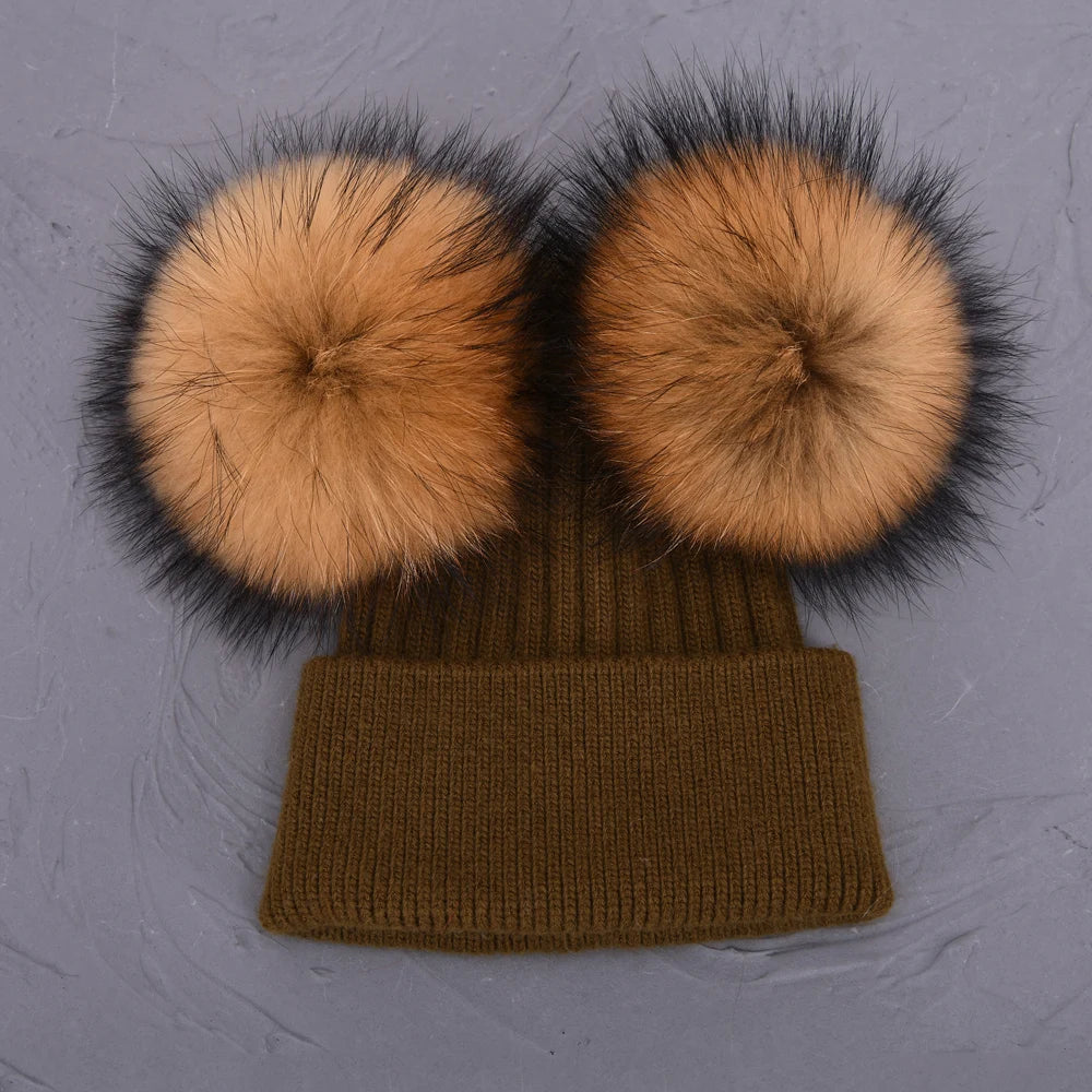 Double Fur Pompom Beanie