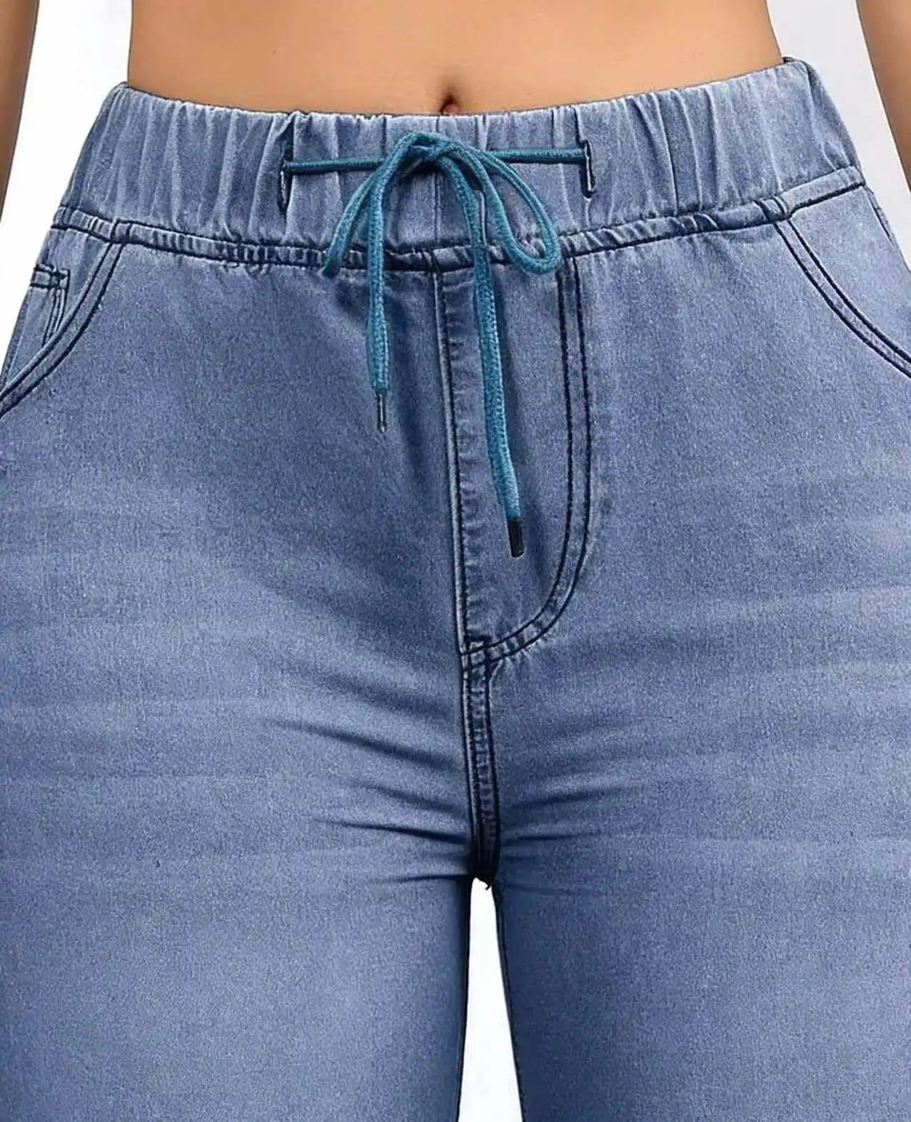 Elastic Drawstring Straight-Leg Jeans
