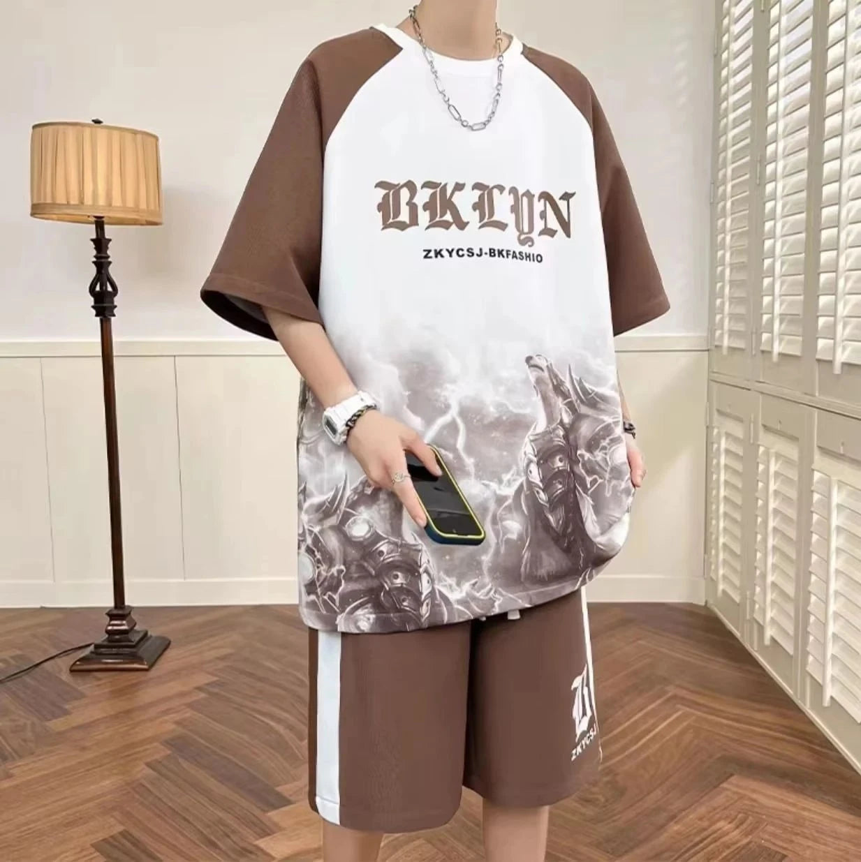Letter Print Street Style Shorts Set