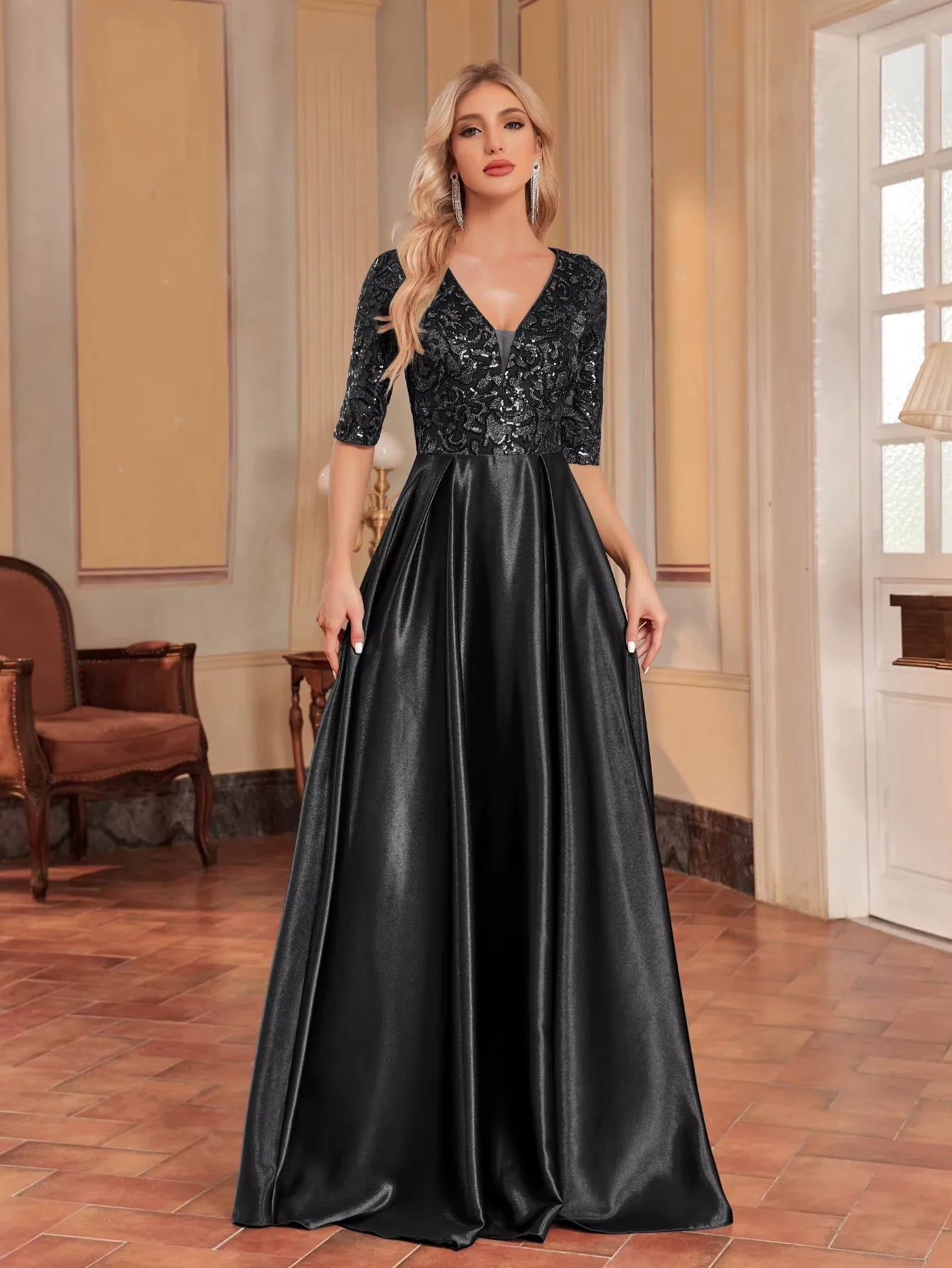 Abstract Satin V-Neck Dress