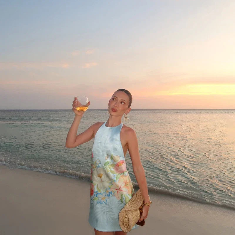 Floral Halter Backless Mini Dress