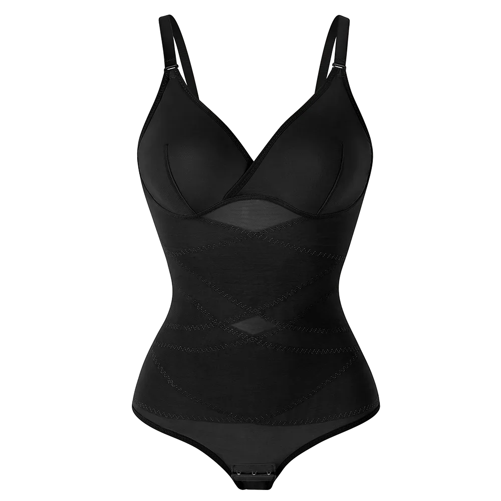 Cross-Waist Mesh Shapewear Bodysuit