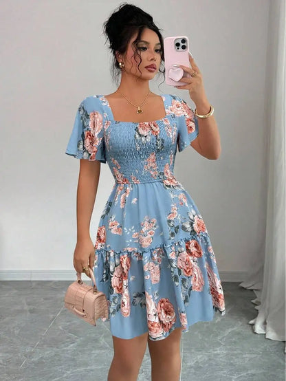 Floral Batwing-Sleeve Mini Dress