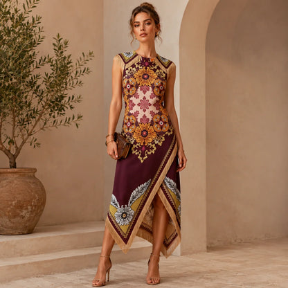 Scarf Print Asymmetrical Wrap Dress