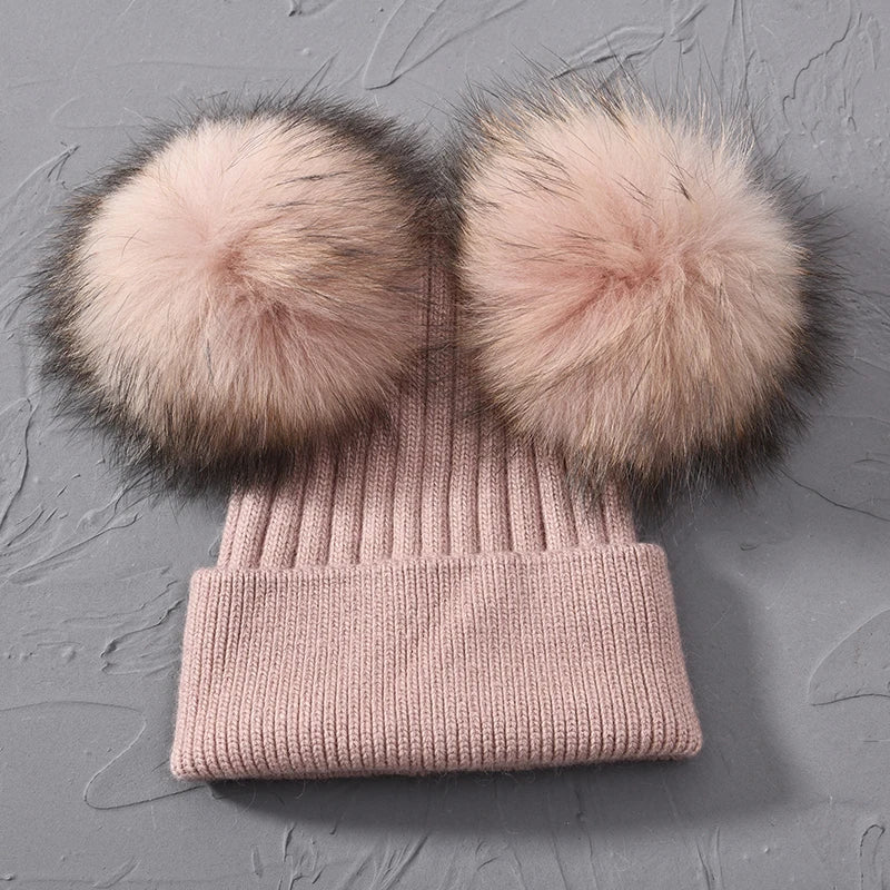 Double Fur Pompom Beanie
