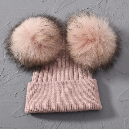Double Fur Pompom Beanie