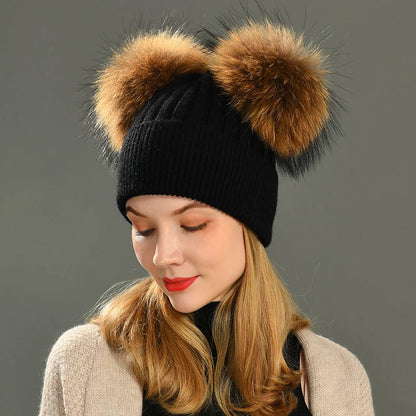 Double Fur Pompom Beanie