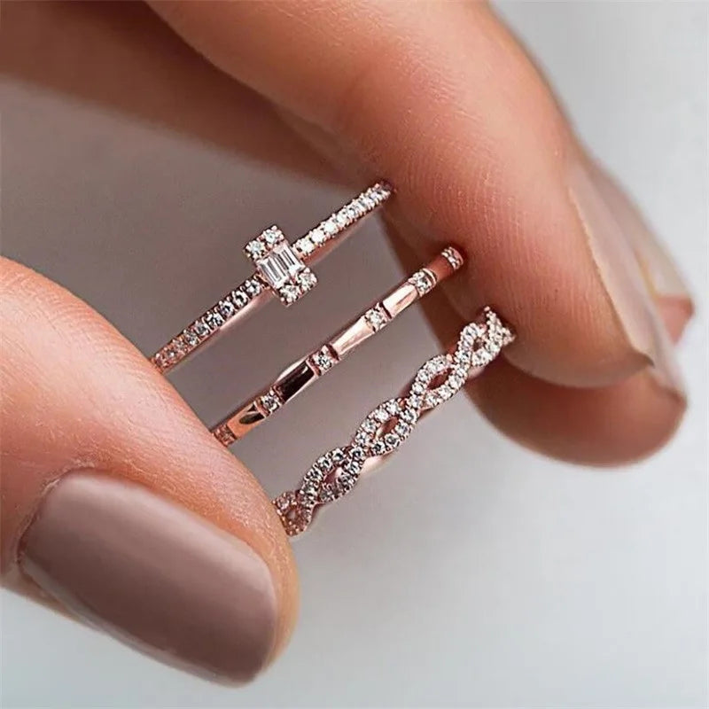 Geometric Zircon Wedding Band Set