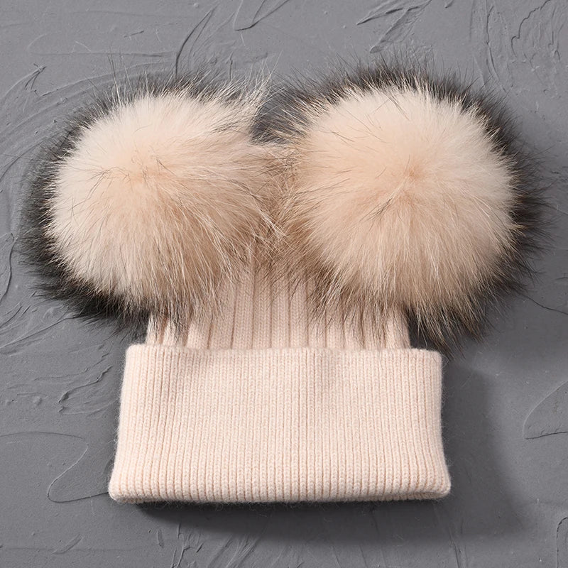 Double Fur Pompom Beanie