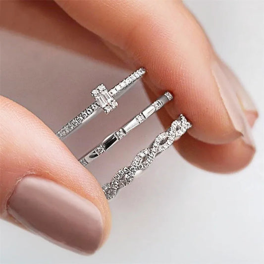 Geometric Zircon Wedding Band Set