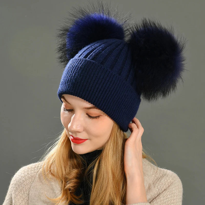 Double Fur Pompom Beanie