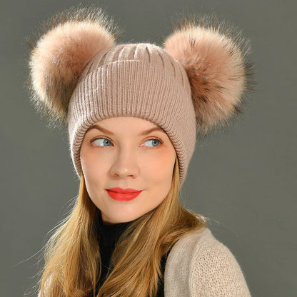 Double Fur Pompom Beanie