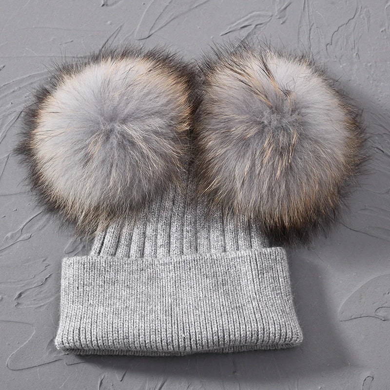 Double Fur Pompom Beanie