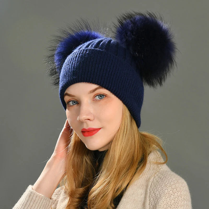 Double Fur Pompom Beanie