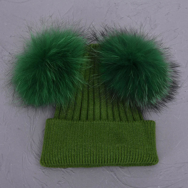 Double Fur Pompom Beanie
