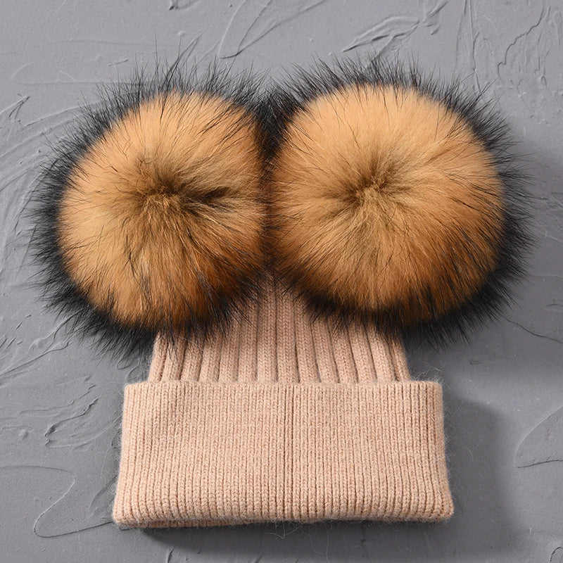 Double Fur Pompom Beanie
