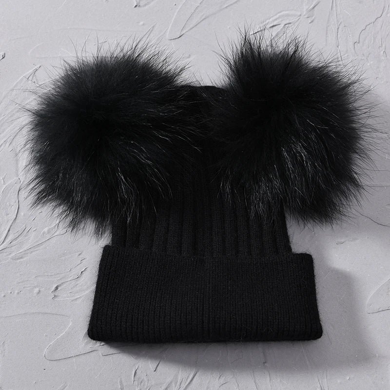 Double Fur Pompom Beanie