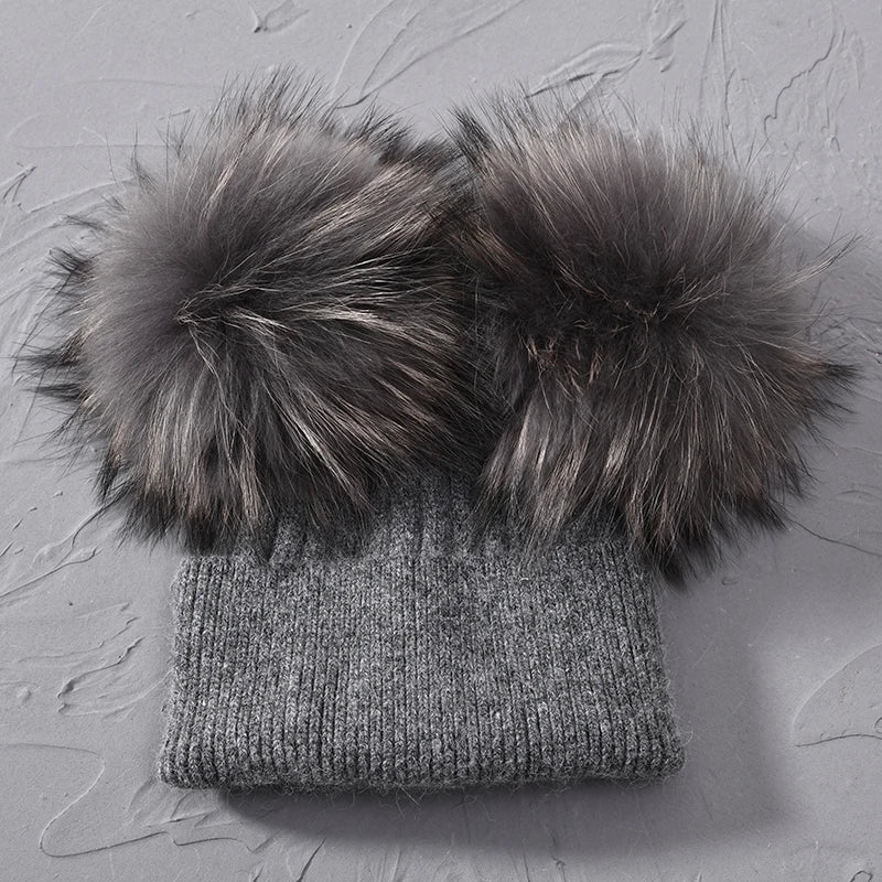 Double Fur Pompom Beanie