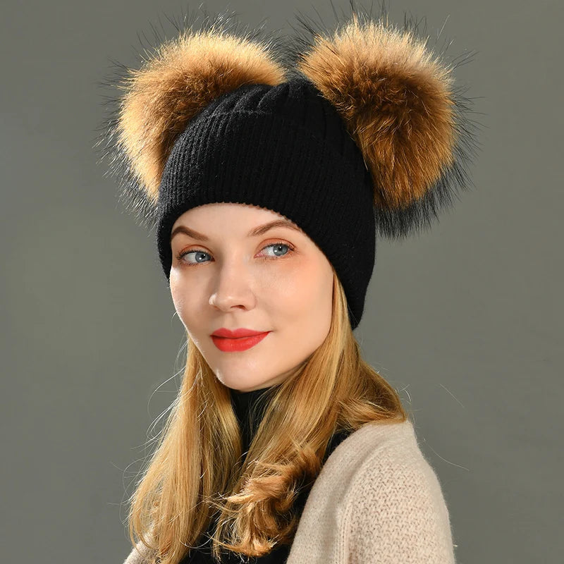 Double Fur Pompom Beanie