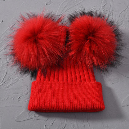 Double Fur Pompom Beanie