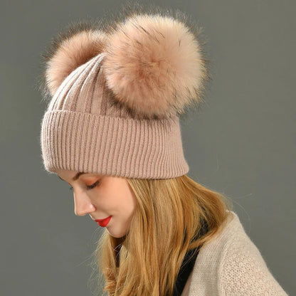 Double Fur Pompom Beanie