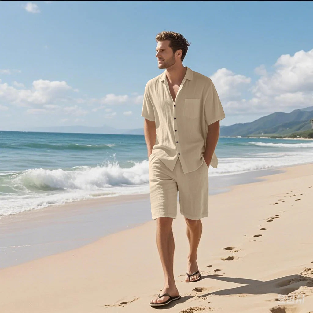 Linen Lapel Beach Shirt Shorts Set