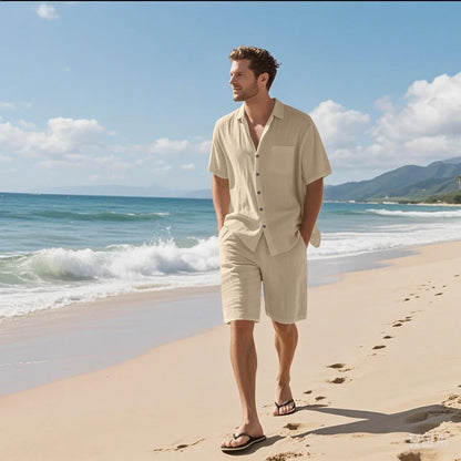 Linen Lapel Beach Shirt Shorts Set