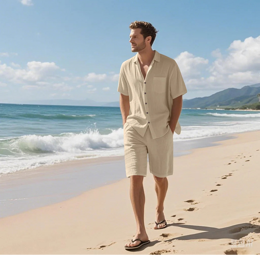 Linen Lapel Beach Shirt Shorts Set