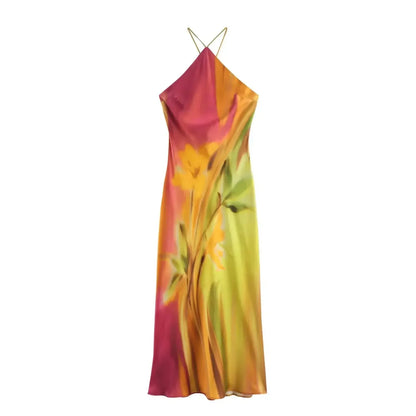 Printed Satin Halter Midi Dress