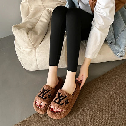 Flannel Plush Platform Slippers