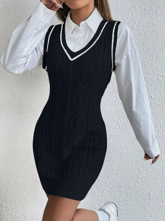Cable-Knit V-Neck Vest Dress