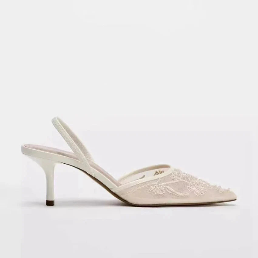 White Embroidered Slingbacks