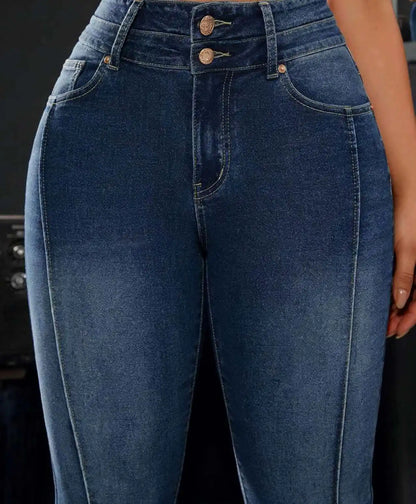 Double-Button High-Waist Stretch Jeans