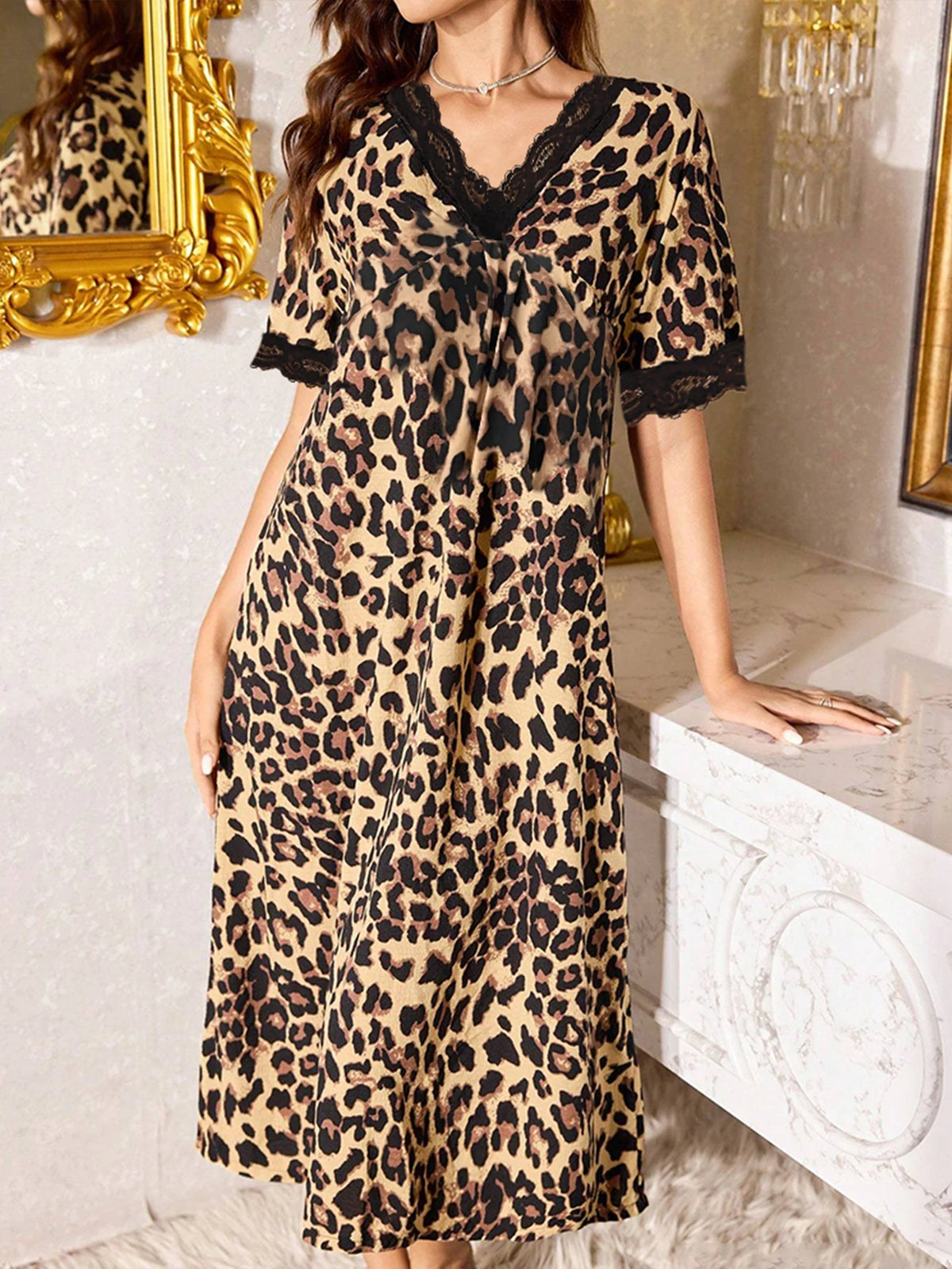 Leopard Print Lace Short-Sleeve Nightgown