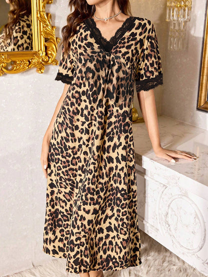 Leopard Print Lace Short-Sleeve Nightgown