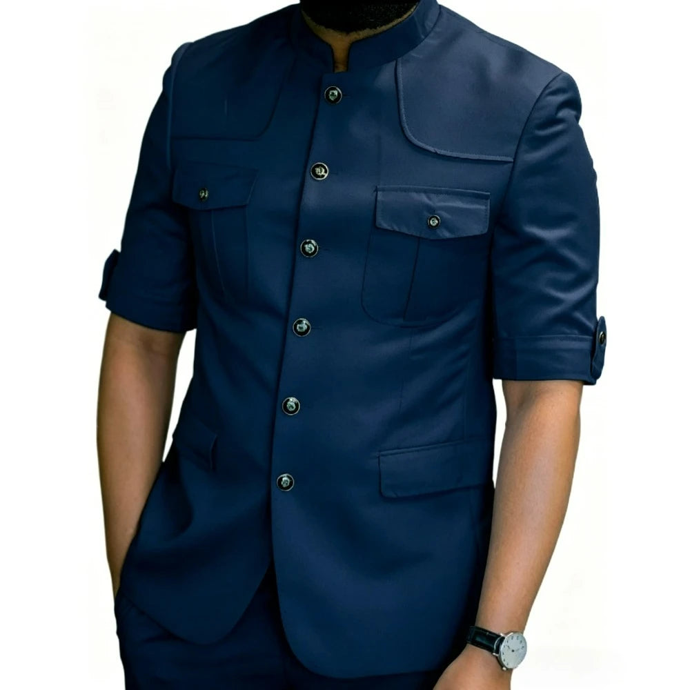 Safari Mandarin-Collar Blazer Pants Set