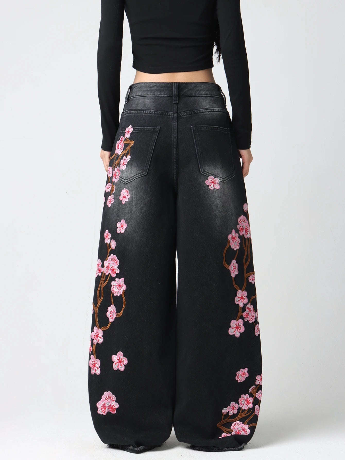 Embroidered Distressed Wide-Leg Jeans