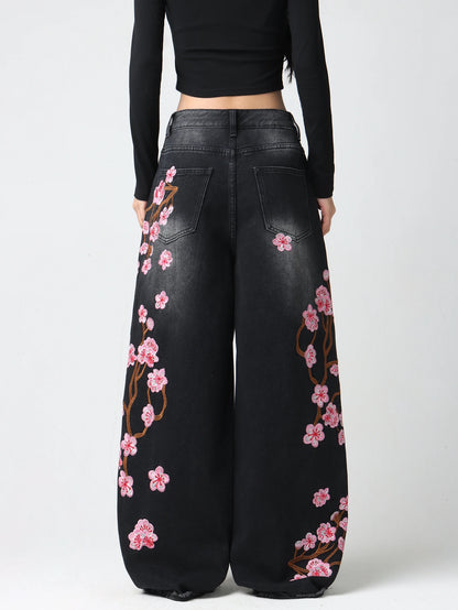 Embroidered Distressed Wide-Leg Jeans